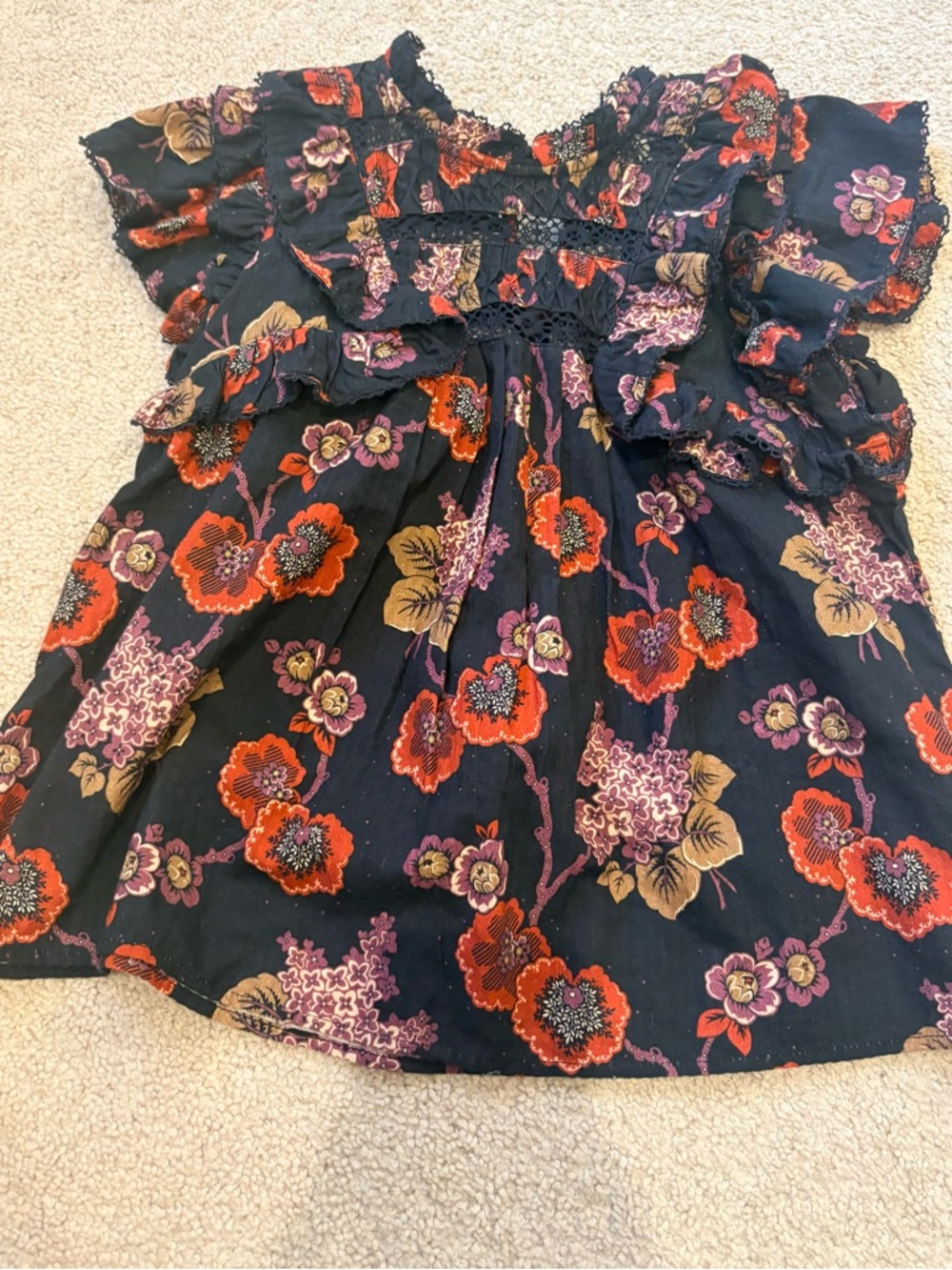 SEAny Floral Ruffle Babydoll Top with Red & Purple Blooms NEW